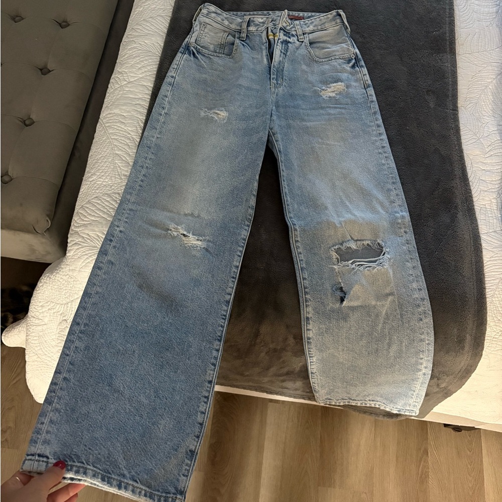 Pilcro (Anthropologie brand) light wash, wide leg jeans.
